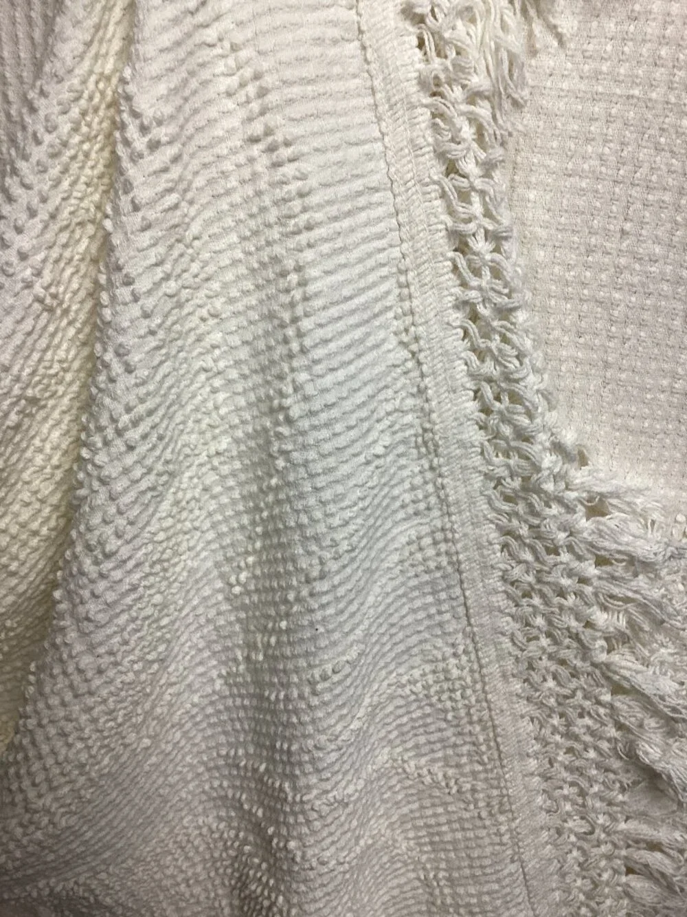Vintage Swiss  Dot WHite Fringe Coverlet Blanket Bedspread 108x114